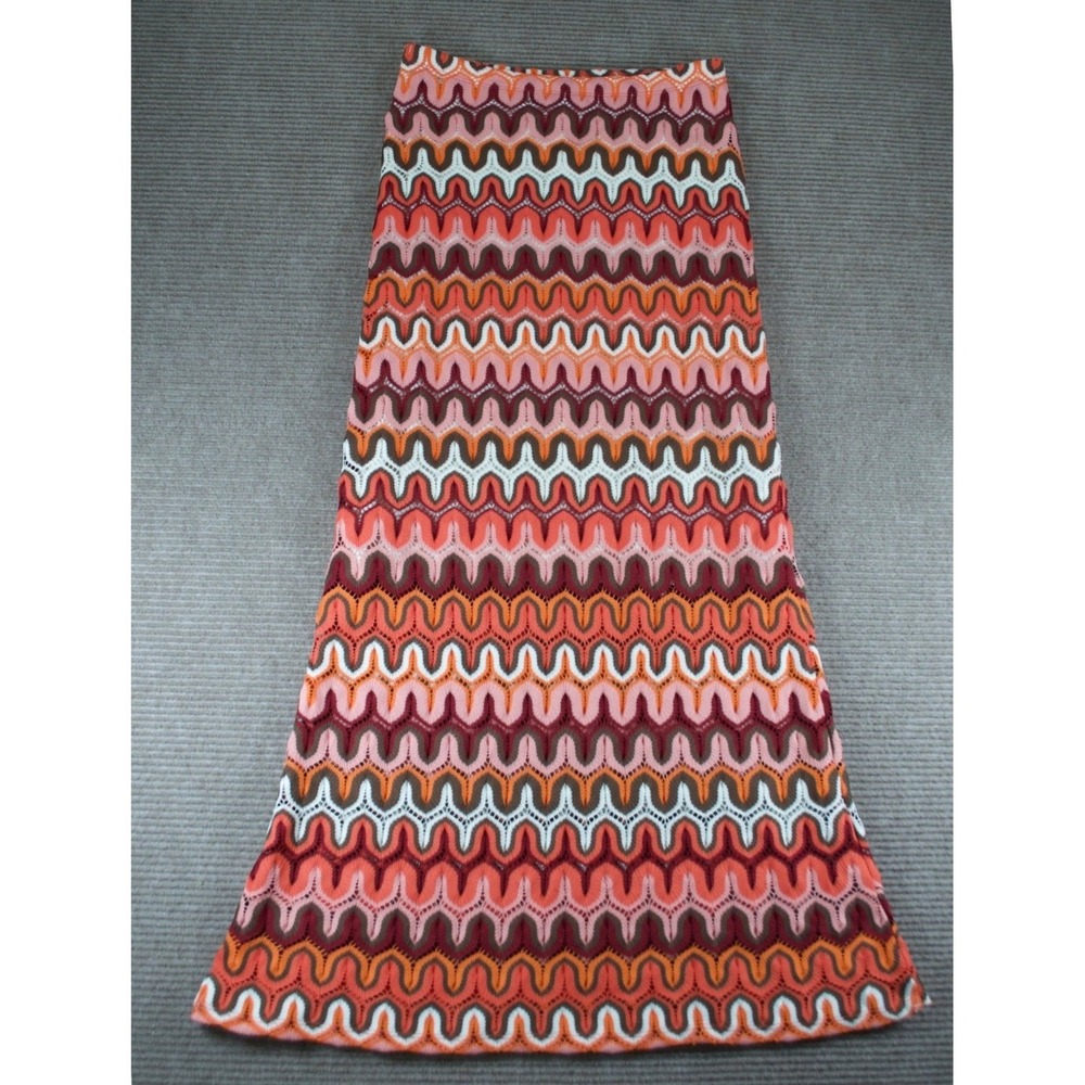 Karen Kane Crochet Knit Chevron Maxi Skirt Boho Pink Orange Zig Zag Lined Sz S
